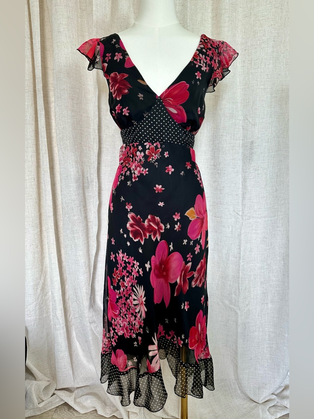 New York & Company Black Midi Dress with Pink Floral Print